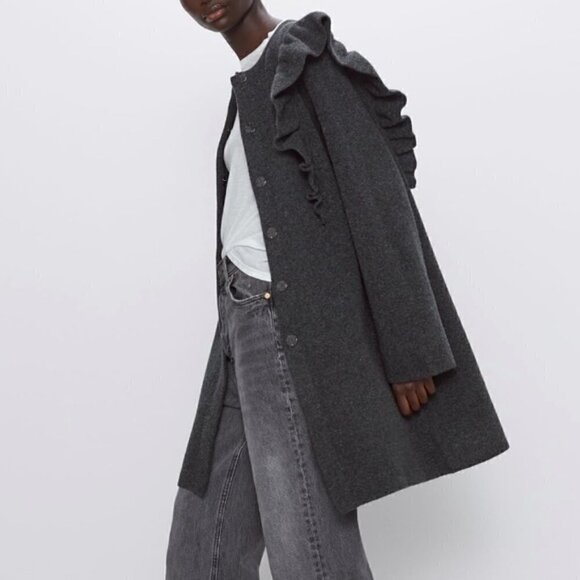 NWOT Zara Ruffled Shoulder Snap Front Cosy Knit Sweater Coat Grey Small - Picture 2 of 15